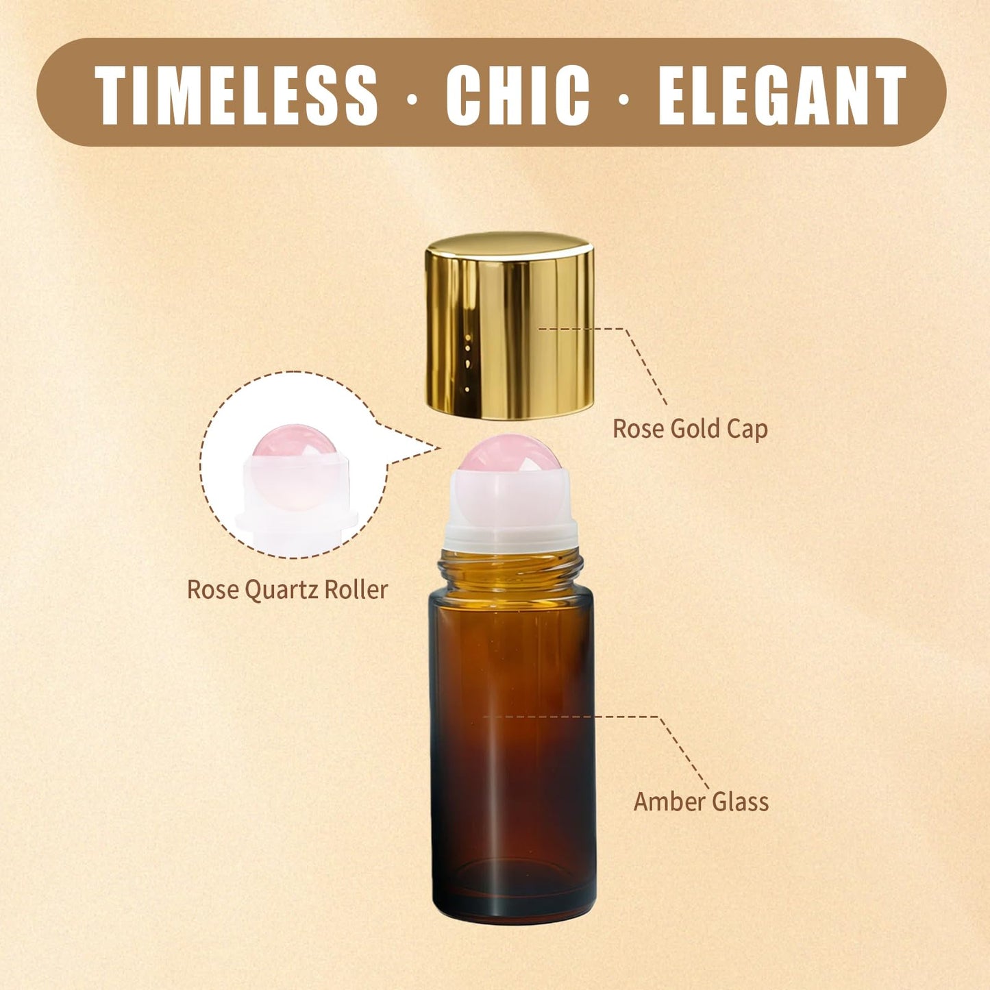Warmify 5 Pack Rose Quartz Roller Bottles for Essential Oils, 50ml Refillable Amber Glass Roll On Bottles with Natural Crystal Roller Balls, Leak-Proof Travel Perfume Bottle with Gold Caps