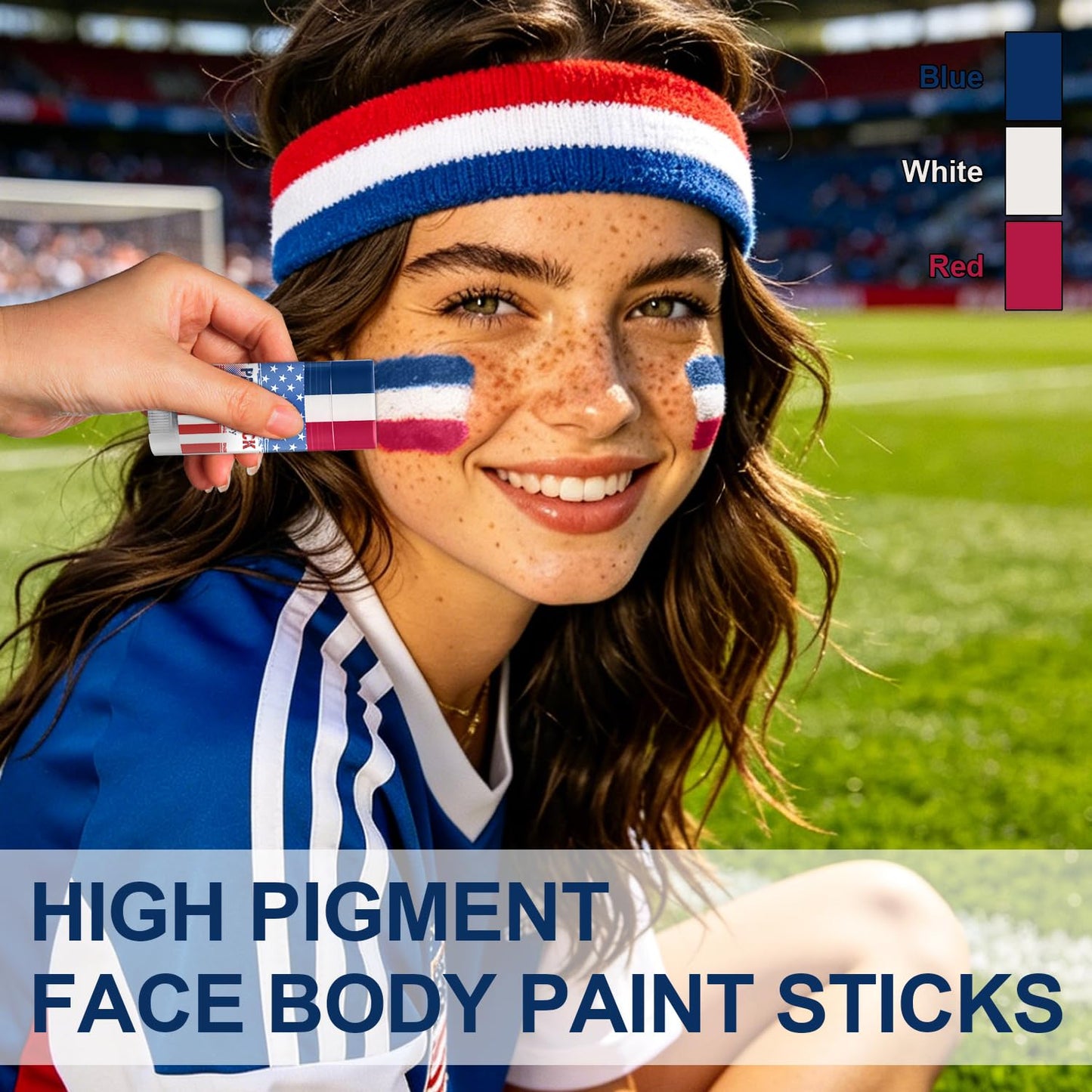 Red White and Blue USA Face Paint Stick for World Cup Fans and Party, World Cup Decorations, Sweatproof & High Pigment Face Paint Sticks, Patriotic Pride 4th of July Independence Day Accessories