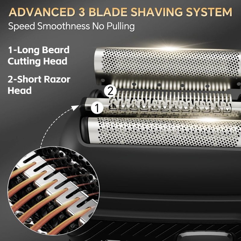 SilkGlow Electric Foil Shavers for Men, Cordless Electric Razor with 3 Floating Blades, Waterproof Foil Shaver for Face, LED Display USB-C Fast Charge, Portable Travel Shaver, Black