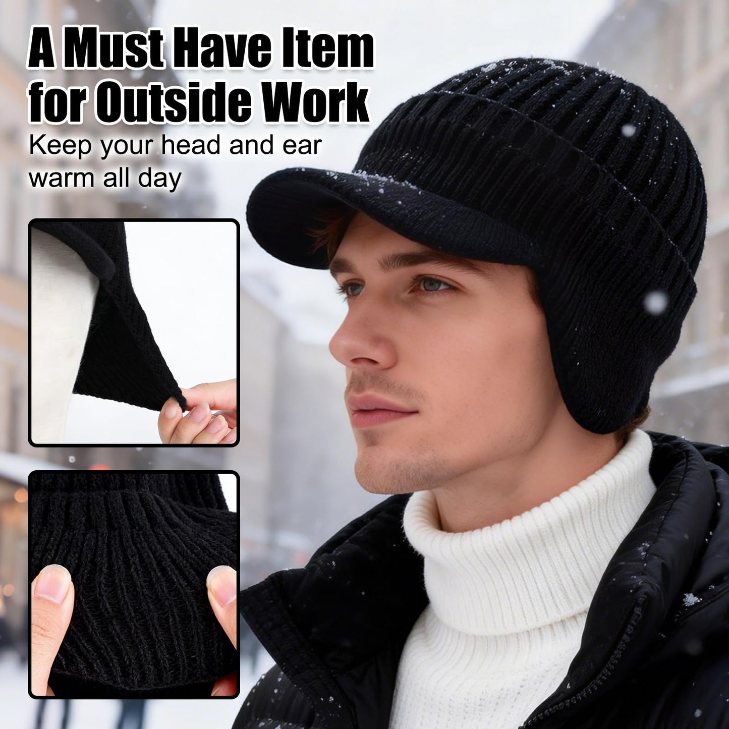 Cozy Head Beanies for Women Men, 2026 New Cozyhead Hats with Brim and Ear Flaps Outdoor Winter Warm Knitted Black