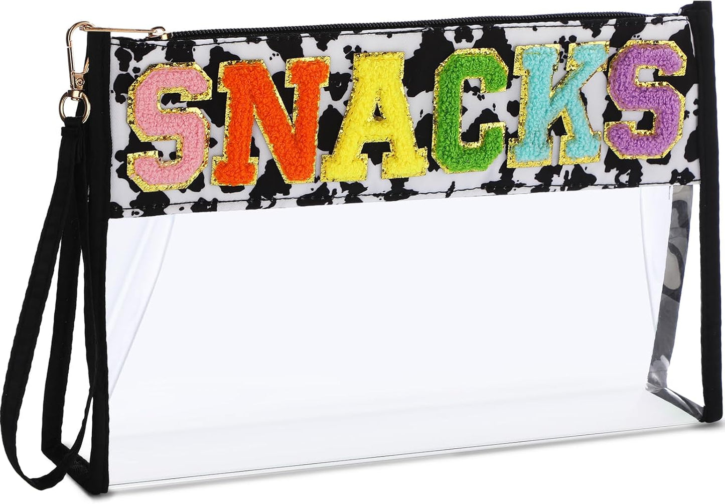 Clear Chenille Letter Makeup Bag - Portable Travel Organizer for Women | Black Cosmetic Pouch with Wrist Strap