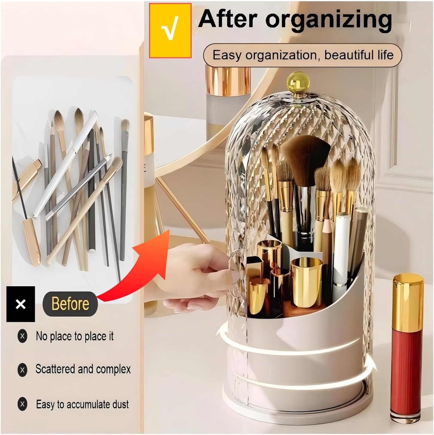 Makeup Brush Holder - 360° Rotating Waterproof Storage Box | Diamond Pattern, White