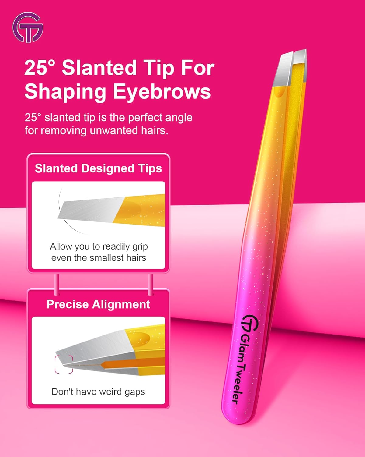 Expert Slant & Point Tip Tweezer Set - Precision Eyebrow Tweezers with Travel Case | Sparkle Hot Pink & Silver