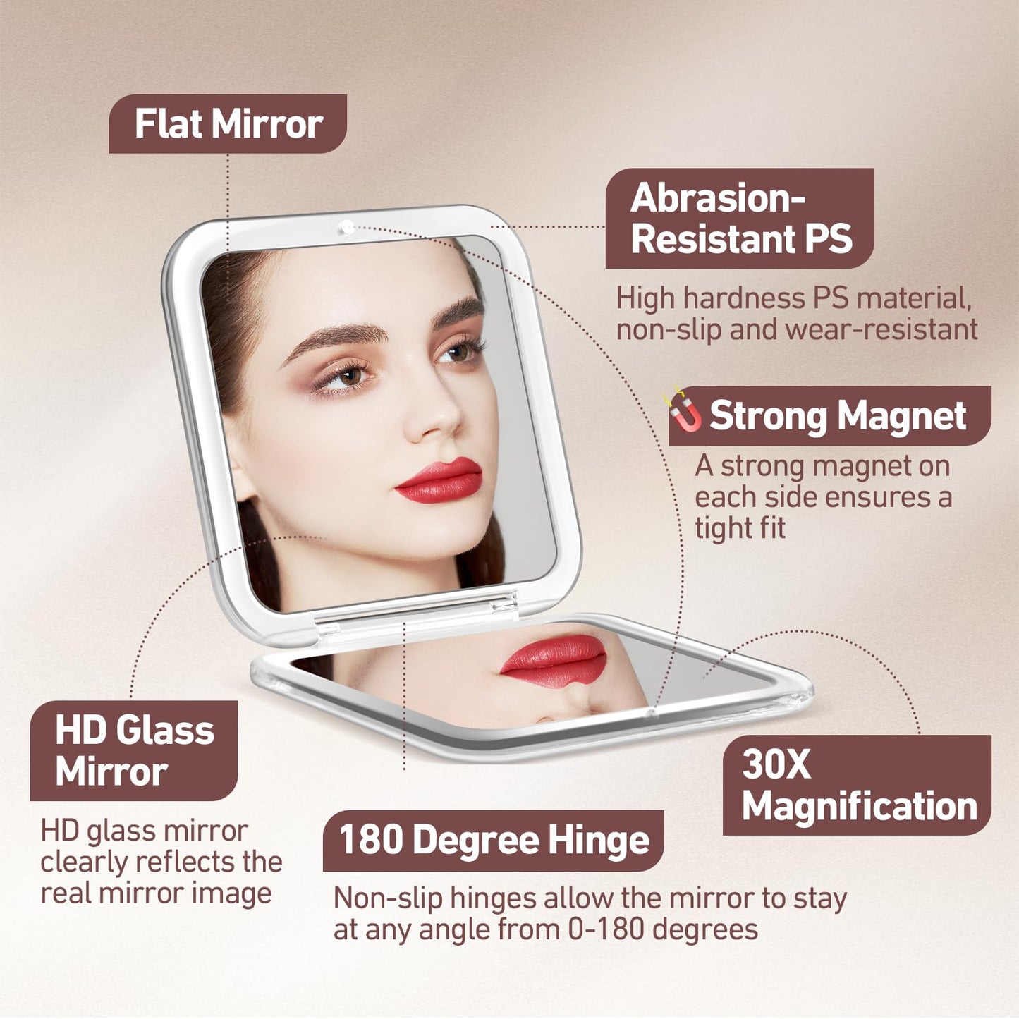 MOMOKUBA 30X Magnifying Mirror, Compact Travel Mirror for Purse & Pocket, Double-Sided Makeup Mirror with Tweezers, Portable Mirror for Eyebrow Plucking, Daily Beauty and Travel Essentials, Rose