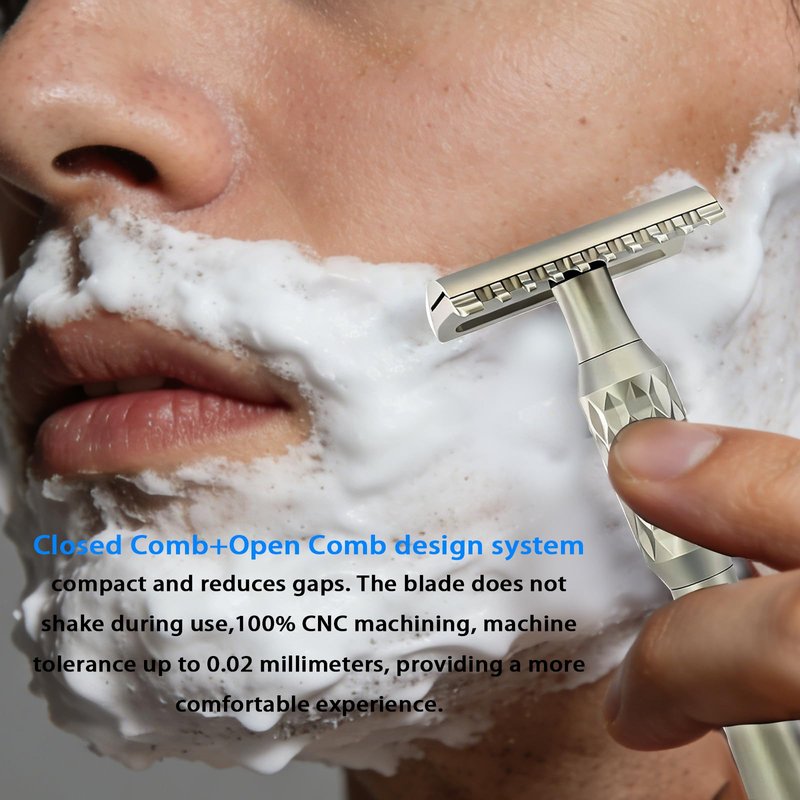 KAMPFE Safety Shaver razor adopts a unique AB edge Side. Combined Design of Open Comb and Closed Comb. A Double Edge Safety Razor with Two Uses for Men (silver2)