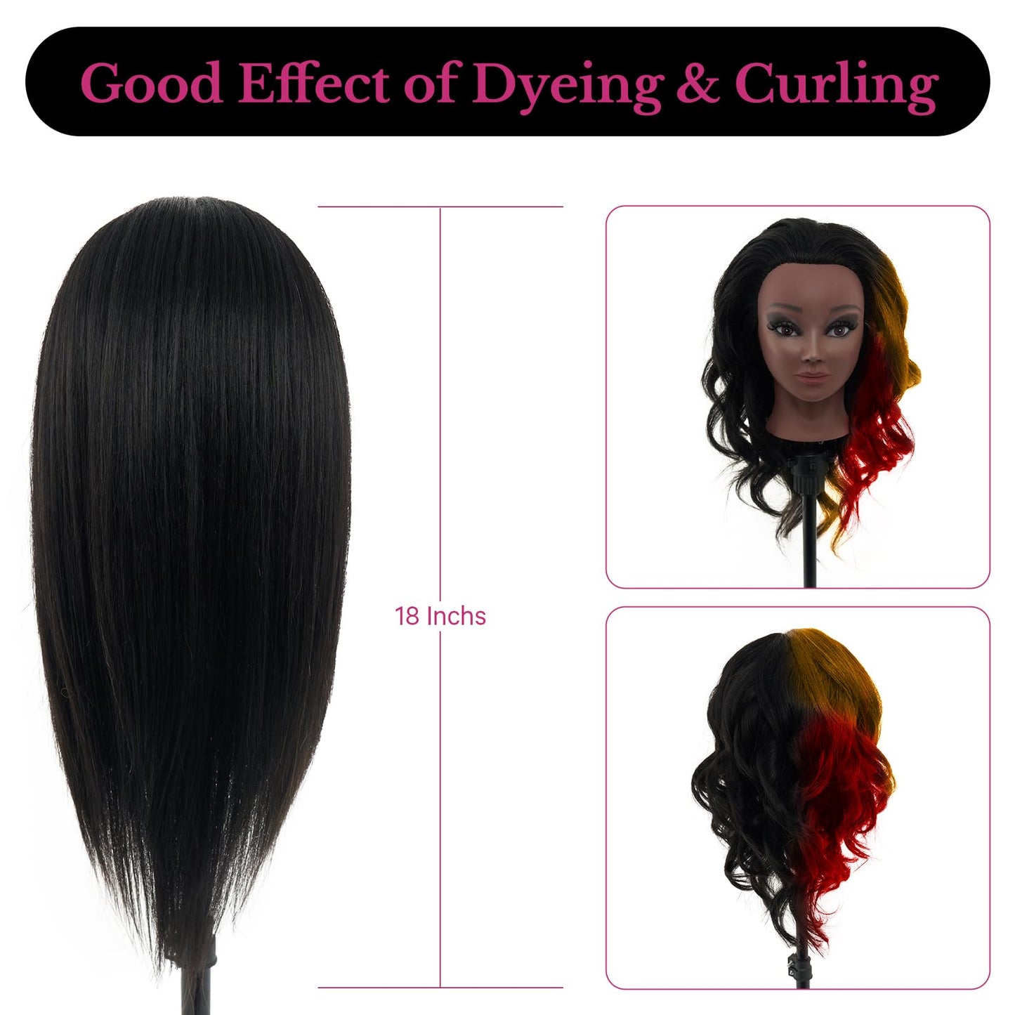 18" Mannequin Head Human Hair - 100% Real Hair Mannequin Head for Makeup Practice, Cosmetology Manikin Doll Head for Hair Styling, Hairdressing Training Head for Braiding with Table Clamp,Black