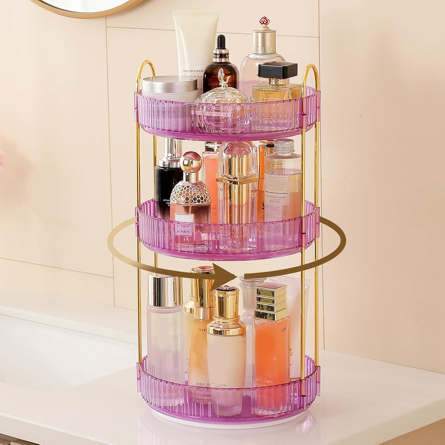 Rotating Makeup Organizer - 3 Tier Clear Cosmetic Holder for Vanity | Grey Perfume & Skincare Storage