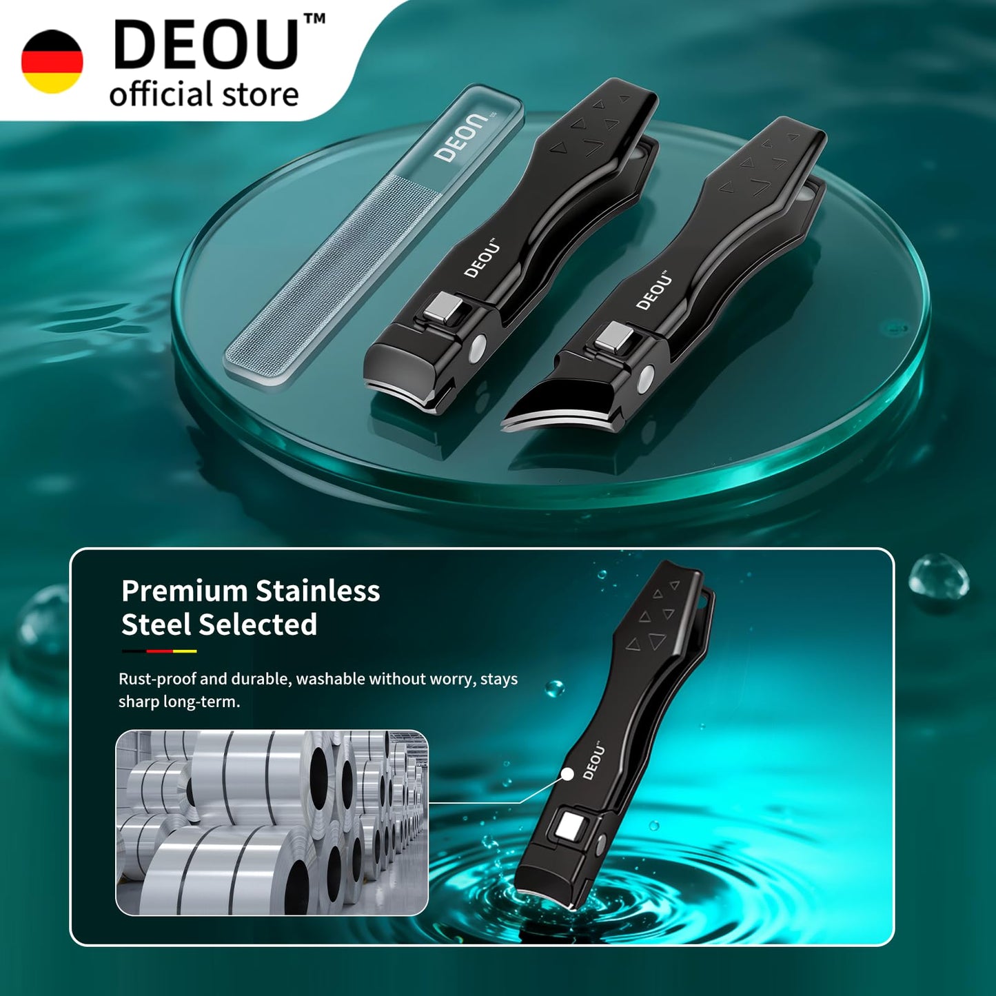 DEOU Nail Clippers Set, Stainless Steel Manicure Kit for Thick Hard Ingrown Nails, Anti-Splash with Nail File, Portable Keyhole Design, Gift Box for Home Travel (Black, Diagonal Cut + Straight Cut)