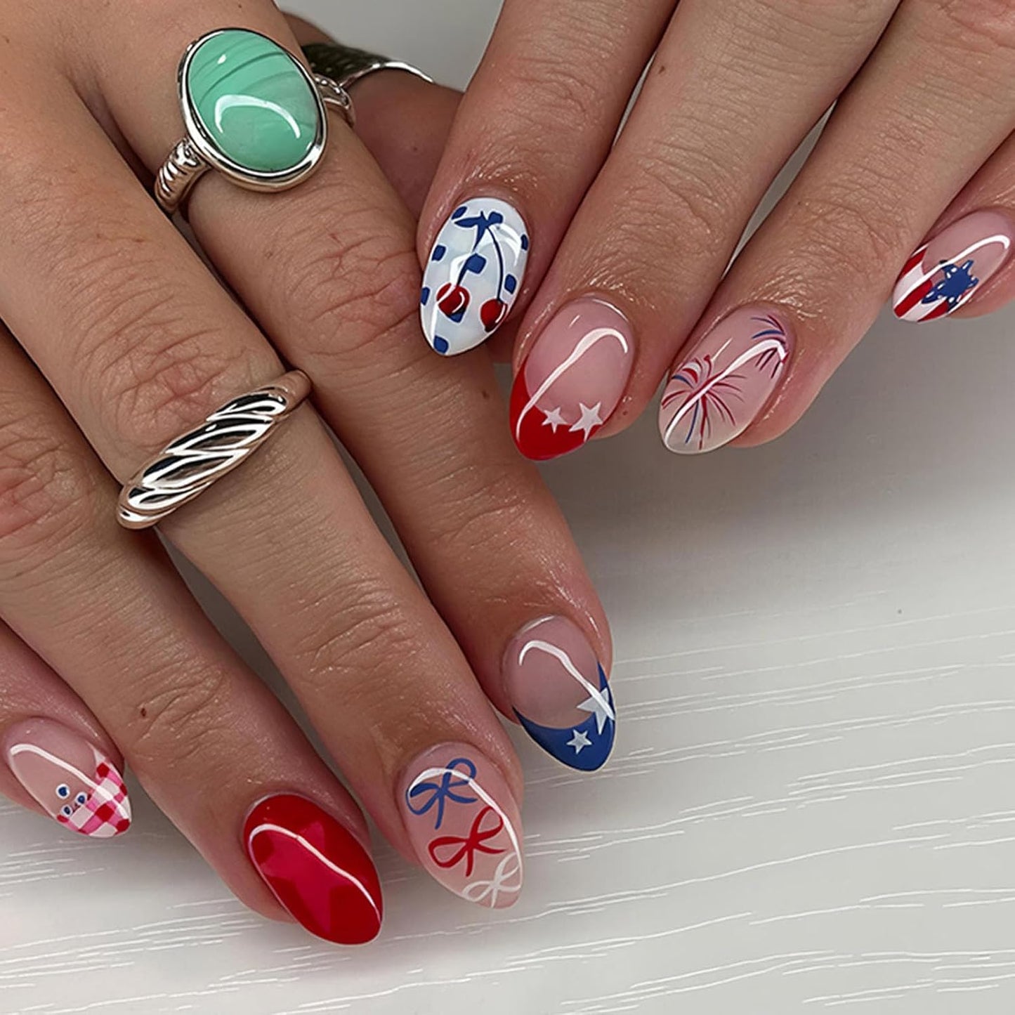 Independence Day Press-On Nails - Medium Square Glitter Acrylic Nails with American Flag Design | 24 Pcs Blue & Red