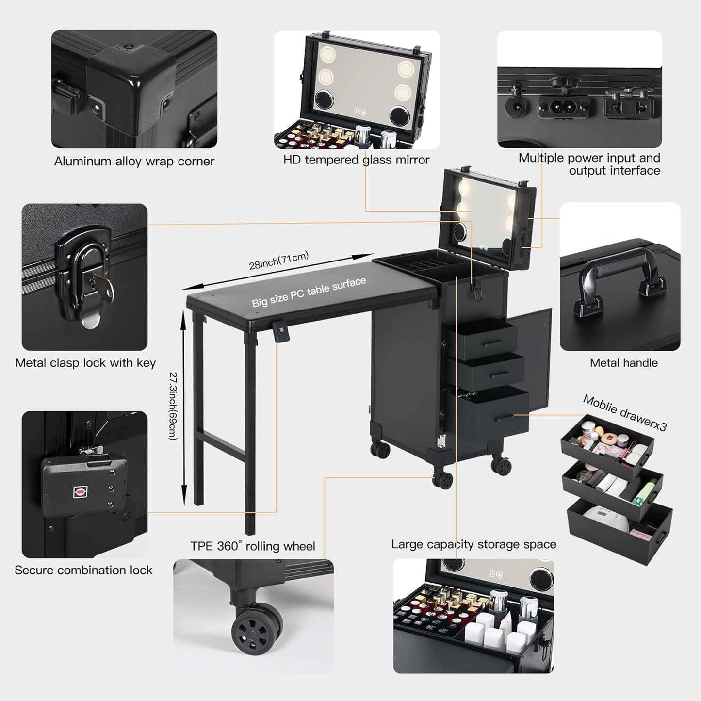 Portable Nail Desk - Foldable Manicure Table with 3 Drawers & Mirror | Mobile Nail Tech Workstation with Wheels, Black