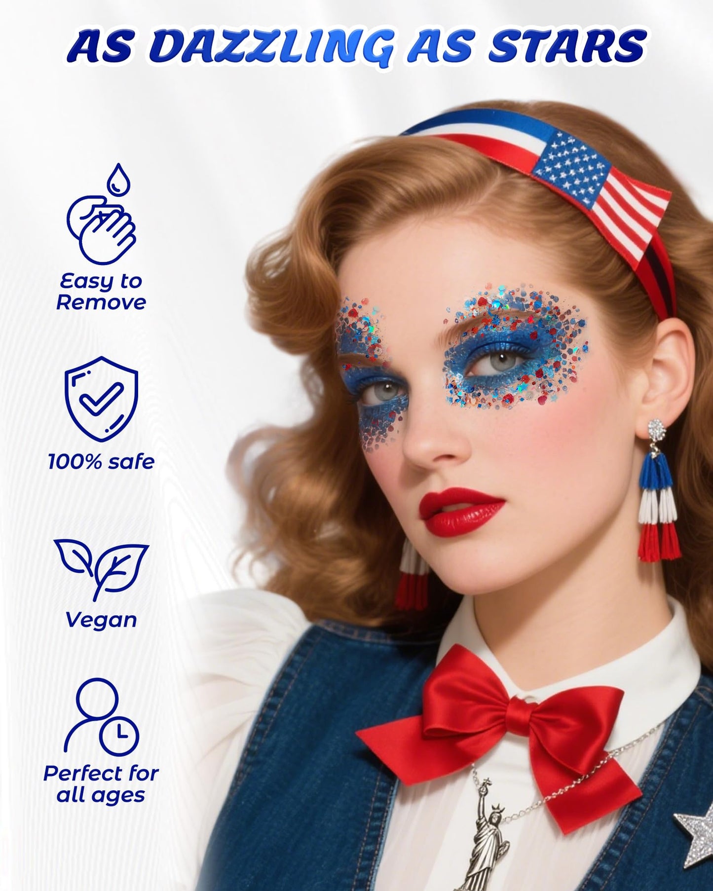 SUMEITANG 6pcs Red White Blue Face & Body Glitter Gel | 4th of July Patriotic Sparkling Makeup | USA Flag Hair Glitter for Independence Day Festivals Parties | Women Kids Fourth of July Outfits