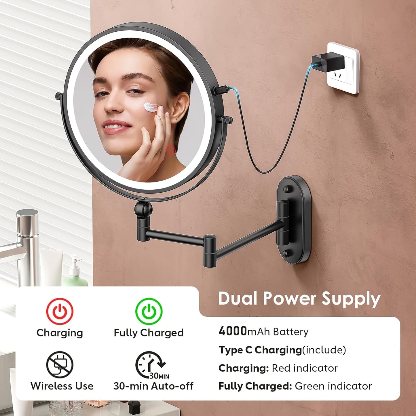 Wall Mounted Lighted Makeup Mirror - 9-Inch Rechargeable Double-Sided 1X/20X Magnification | Touch Dimmable, 360° Rotation, 3 Color Lights