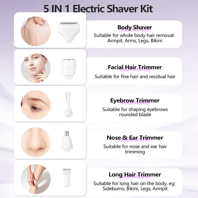 Electric Razor for Women, Bikini Trimmer 5 in 1 Electric Shavers Razors IPX6 Waterproof Wet/Dry Body Shaver for Face Nose Eyebrow Arms Armpit Legs Pubic Area Painless Replaceable Facial Hair Removal