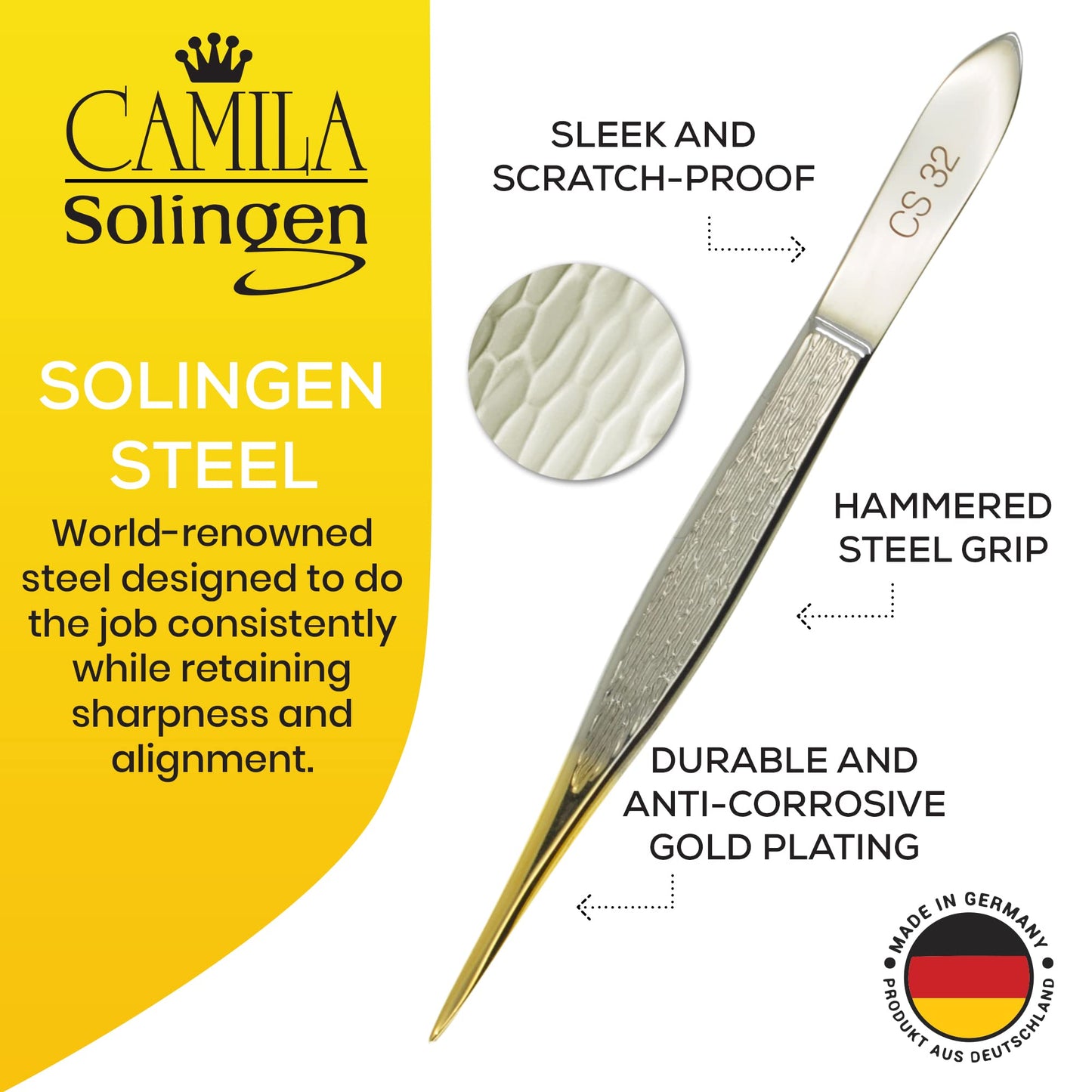 Camila Solingen CS32 3 1/2" Gold Tipped, Surgical Grade, German Carbon Steel Tweezers (Pointed) - Flawless Eyebrow and Facial Hair Shaping and Removal for Men/Women