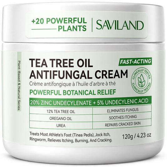 SAVILAND Antifungal Cream FSA-HSA Max Strength: 25% Undecylenic Acid Anti Fungal Cream for Skin Athletes Foot Jock Itch Ringworm Foot Fungus Treatment Comfort with Tea Tree & Oregano Oil 4.23 oz