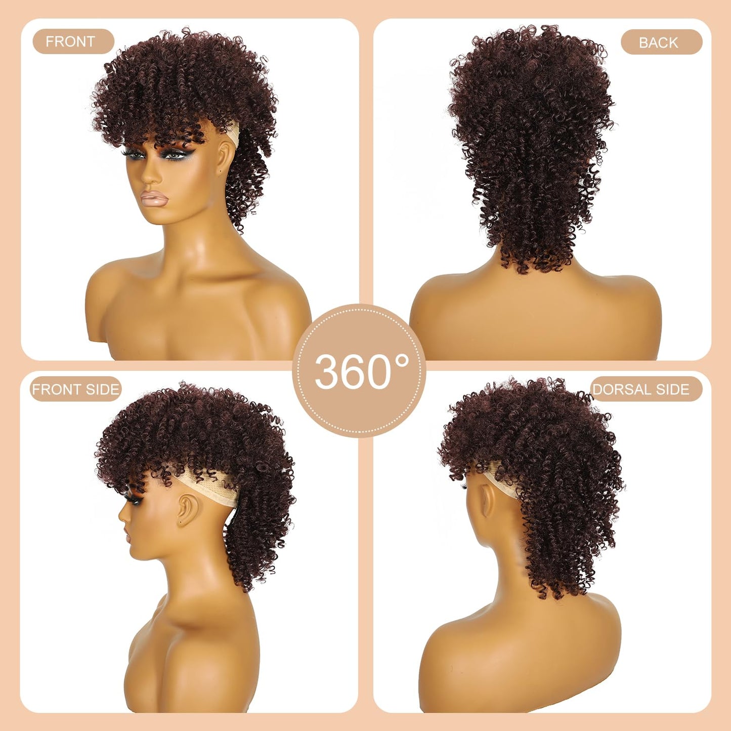 Mohawk Wig Short Kinky Curly Wine Red Ponytail Extension with Bangs,Burgundy Curly Synthetic Clip in Mohawk Ponytail with Six Clips and Two Combs Fluffy Dark Red Hair for Daily Party Use 99J