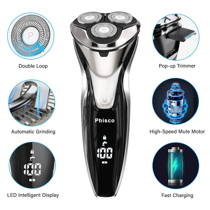 Phisco Electric Shaver Razor for Men, Rechargeable Floating Rotary Razor with Pop-up Sideburn Trimmer, LED Display Waterproof Shaver for Dry Wet Shaving