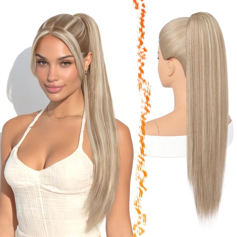 Blonde Straight Drawstring Ponytail Extension - 28 Inch Natural-Looking Soft Synthetic Hairpiece | Perfect for Daily Wear & Parties