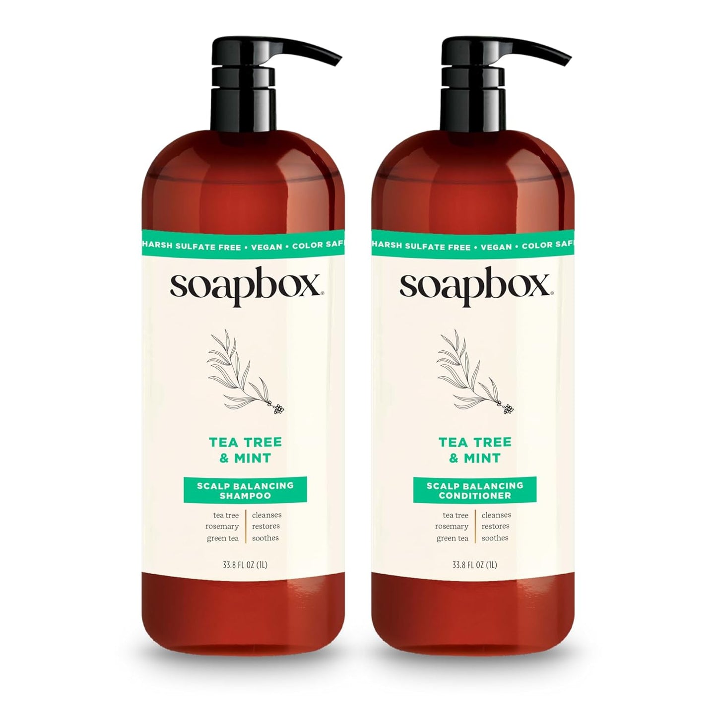 Tea Tree Oil & Mint Shampoo and Conditioner Set - Soothing, Chemical-Free Formula | 1 Liter Each