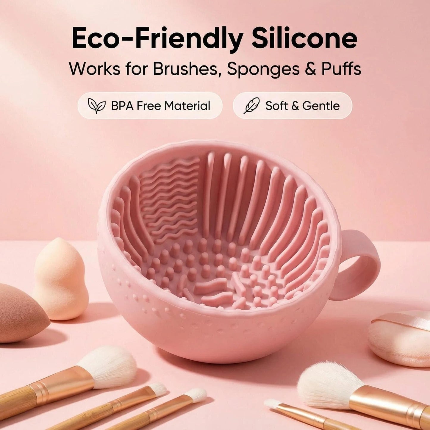 1 PC Silicone Makeup Brush Cleaner Bowl, Portable Brush Washing Tool with Textured Cleaning Pad, Compact Makeup Brush Cleaner Cleanser Mat for Sponges & Cosmetic Brushes (Pink)
