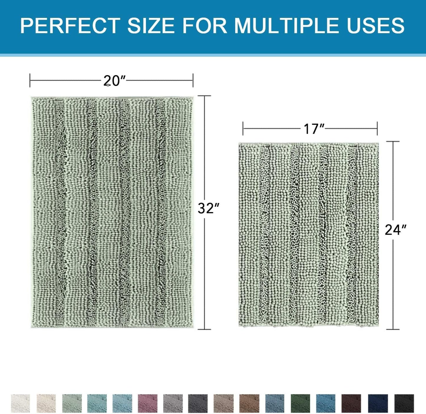 Sage Bathroom Rugs Set - Extra Thick Chenille Shaggy Mats | Non-Skid Bath Mats (32"x20" & 24"x17")