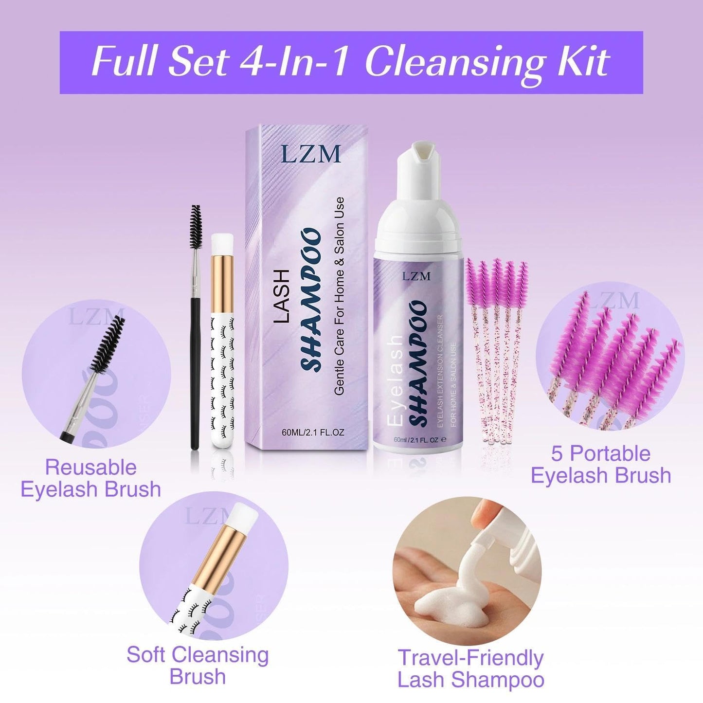 LZM Lash Shampoo Kit for Eyelash Extensions (2.02 fl oz), Lash Cleaner Foam and Lash Wash with Brush, Reusable & Spoolies, Gentle Eyelash Extension Cleanser for Professional and Daily Care