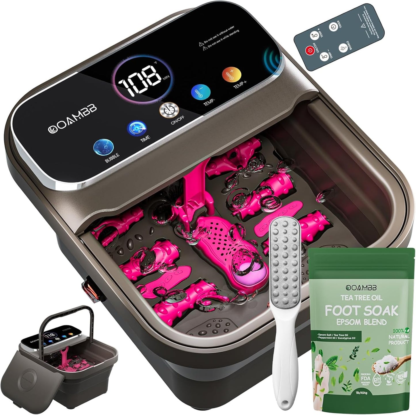 Collapsible Foot Spa - Heated Bubble Bath Massager with Remote Control & 6 Rollers | Deep Grey Soaking Tub
