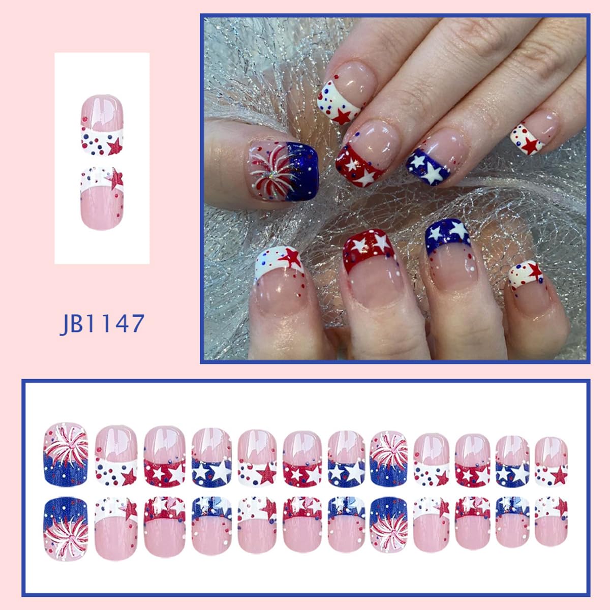 24Pcs 4th of July Press-On Nails | Short Square French Tip with Patriotic Red, White, and Blue Designs