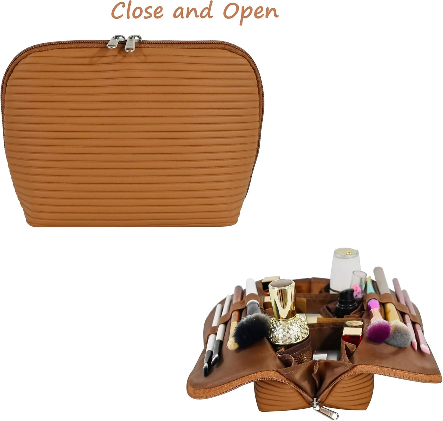 Travel Makeup Bag - Waterproof Stand Up Cosmetic Organizer with Brush Holders | Medium Chestnut, Fold-Down Design for Skincare & Toiletries