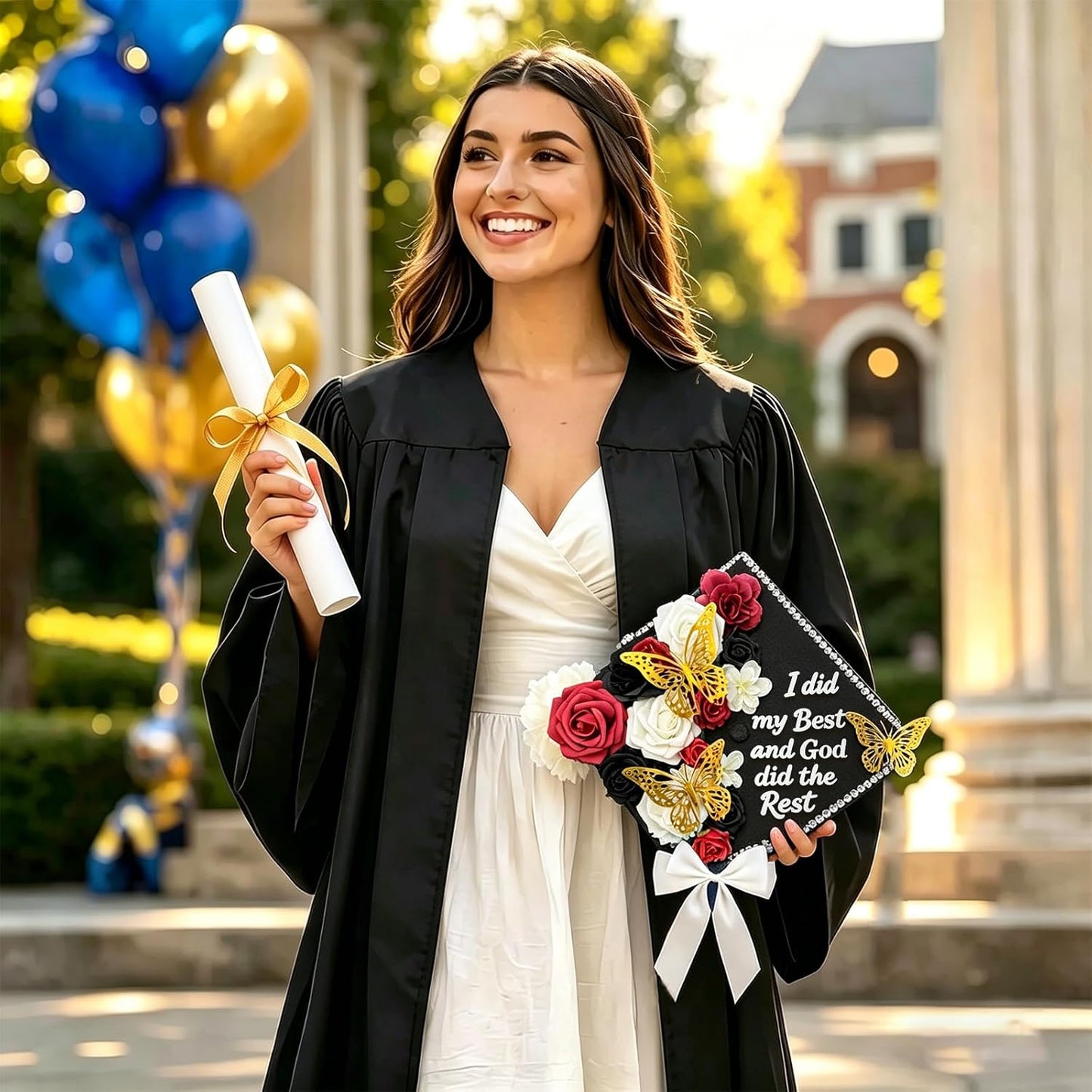 DIY Graduation Cap Decoration Kit - Faux Rose Flower Heads & 3D Butterfly Glitter Stickers | Black Grad Cap Topper