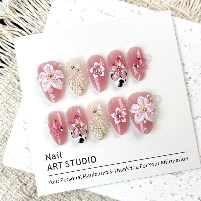 30Pcs Pink Flower Press on Nails Medium Almond 3D Cherry Blossom Fake Nails with Pearls & Rhinestones Spring Cute False Nails Reusable Glossy Glue On Nails Set for for Women Acrylic Nail Decorations
