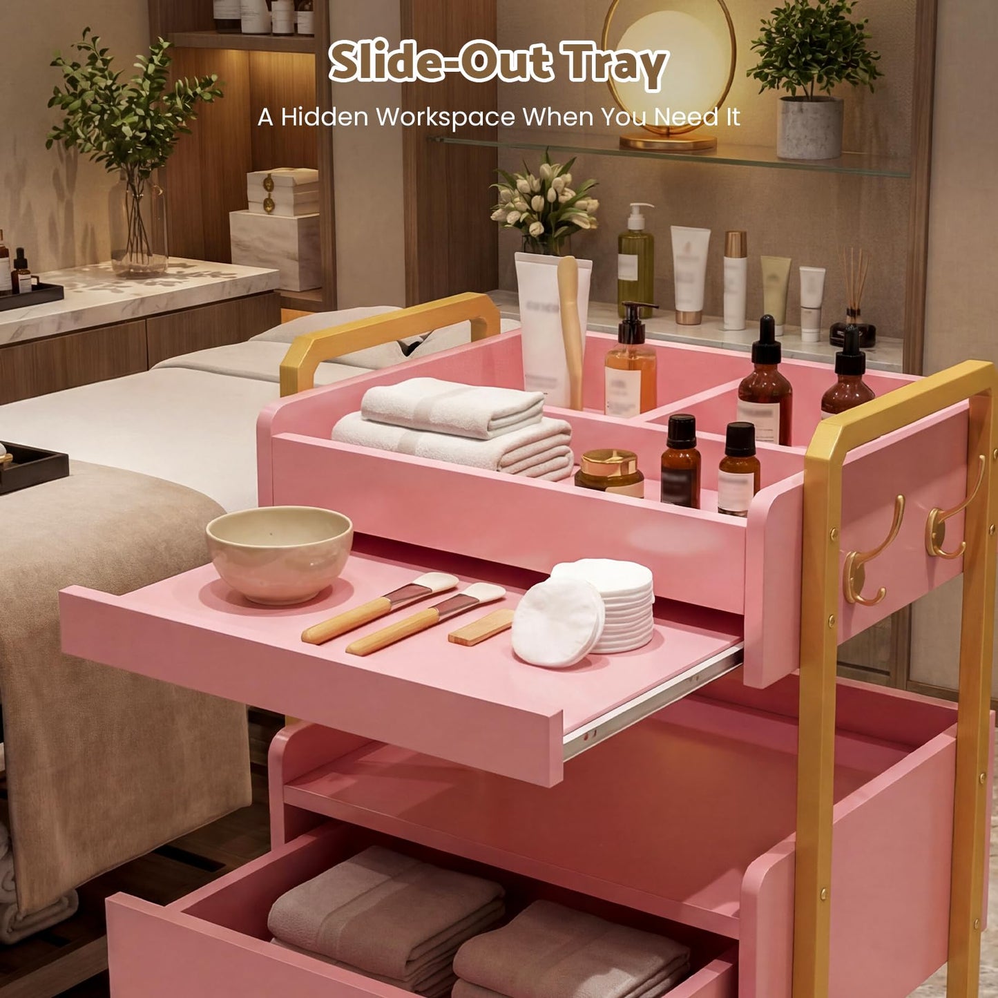 Salon Spa Cart with Wheels & Drawer, 3-Tier Rolling Beauty Storage Cart with Slide-Out Tray, Mobile Salon Cart for Esthetician, Beauty Salon and Spa Use (Pink)
