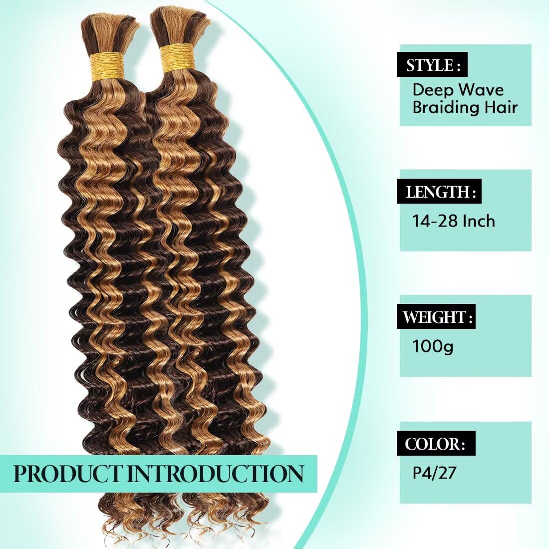 Boho Hair for Braiding, Ombre Curly Virgin Human Braiding Hair for Women, 12A Knotless Deep Wave Bulk Bohemian Styles, 100g 14 Inch 2 Bundles/Pack Highlight P4/27