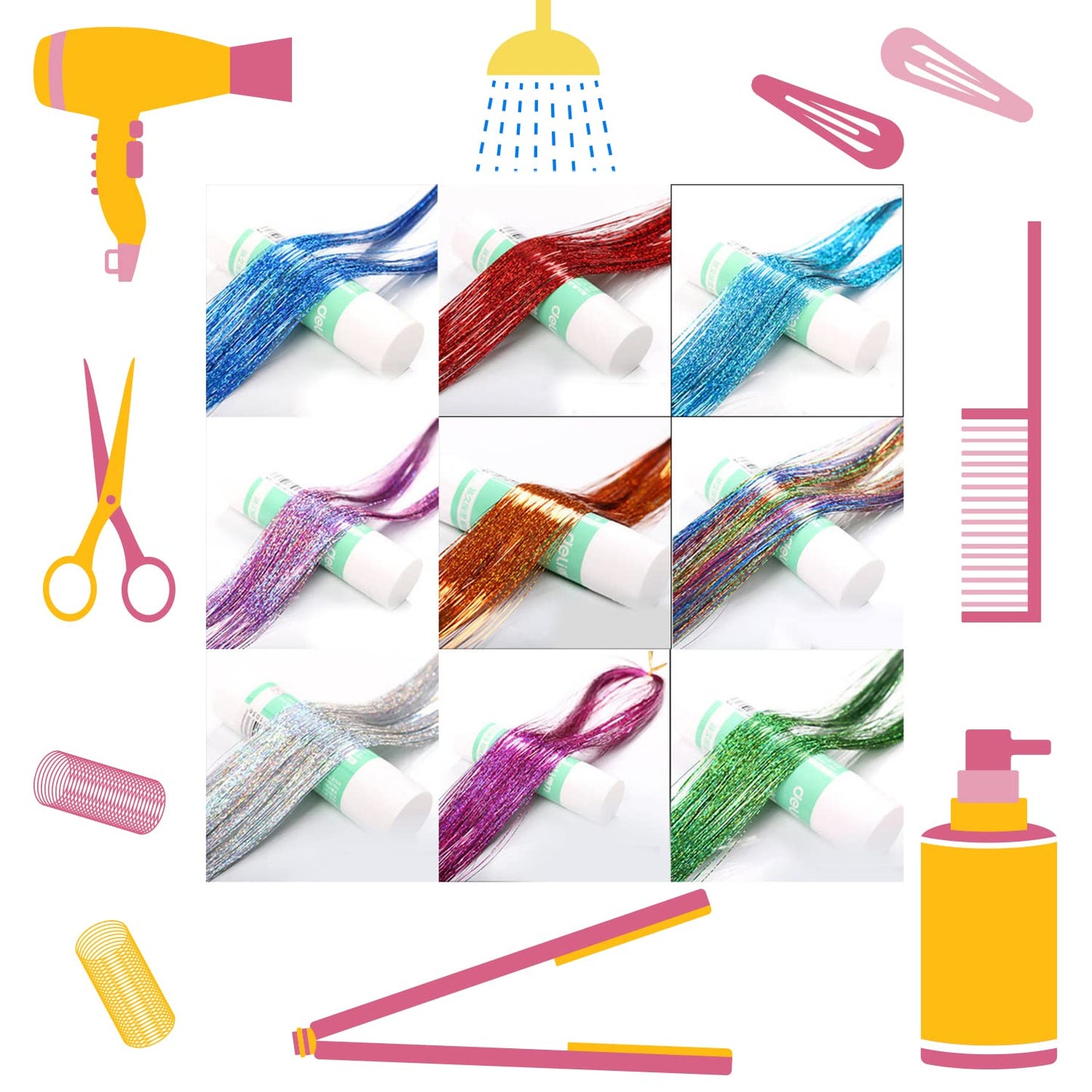 Hair Tinsel Kit 12 Colors, 2500 Strands 48 Inches Sparkling Hair Extensions With Tool, Fairy Hair for Birthday Halloween Christmas New Year Party