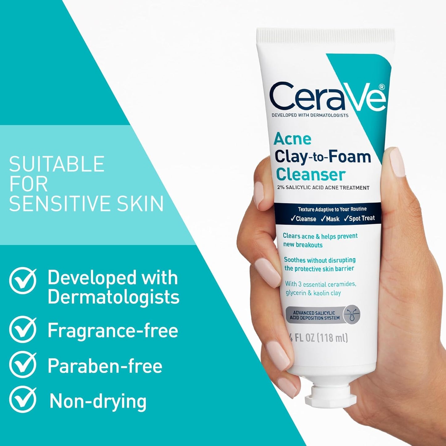 CeraVe Acne Face Wash - Salicylic Acid & Kaolin Clay Treatment | Clears Pimples & Blackheads, 4oz