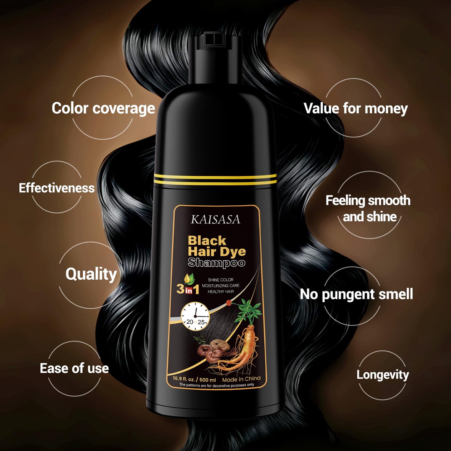 IIIMEIDU Hair Dye Shampoo for Gray Hair Coverage, 3 in 1 Natural Black Dye for Women Men, 500ml
