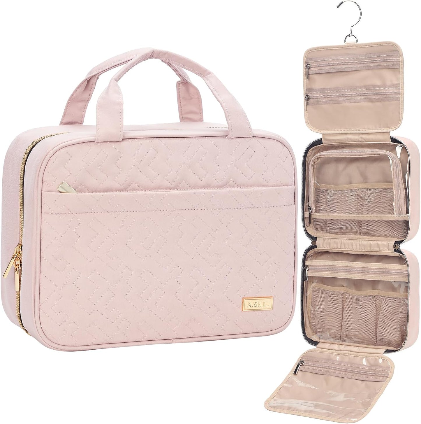 NISHEL Travel Toiletry Bag - Portable Hanging Organizer for Shampoo, Conditioner & Makeup | Medium Pink