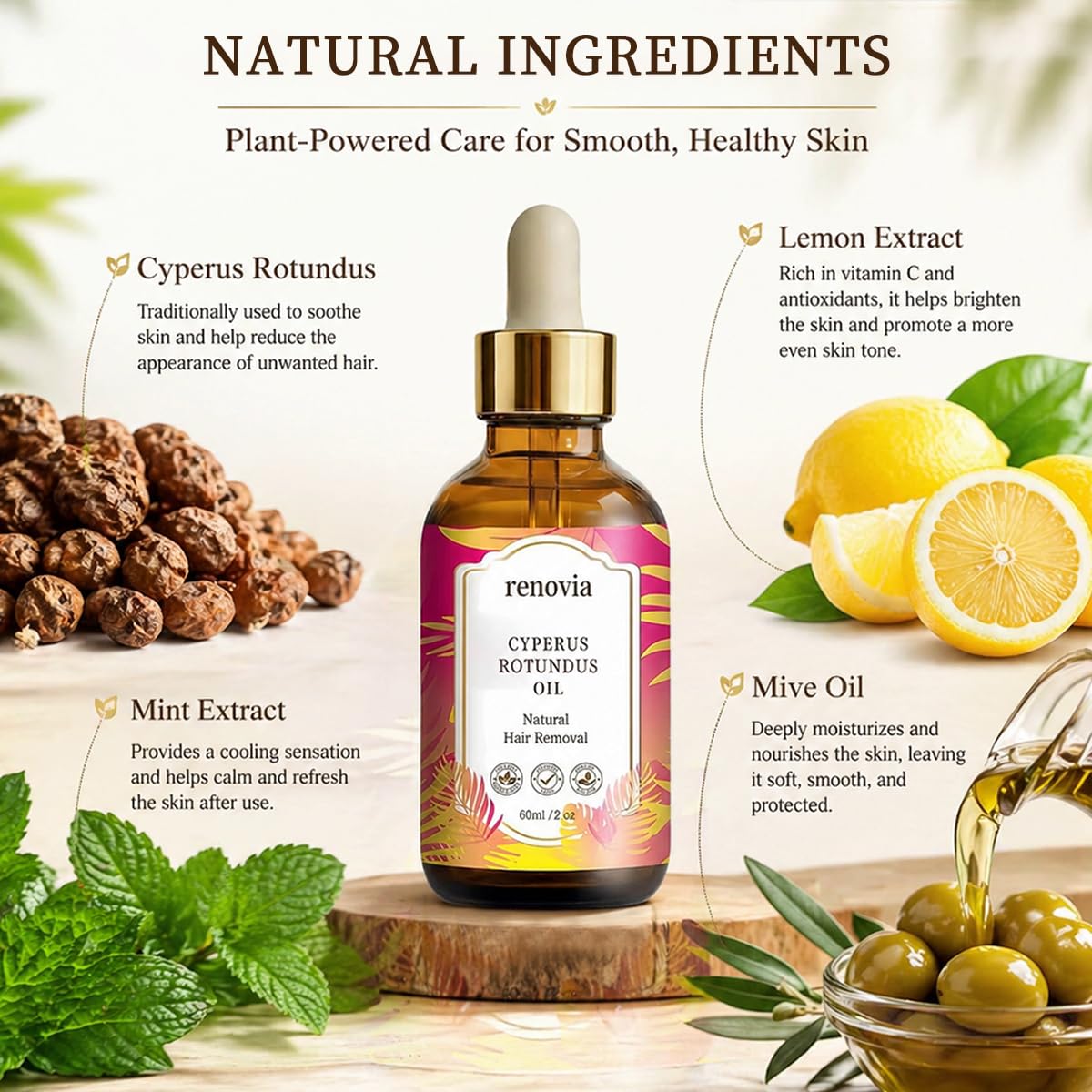Cyperus Rotundus Oil - Herbal Hair Removal Serum with Peppermint | Hydrating & Soothing for All Skin Types