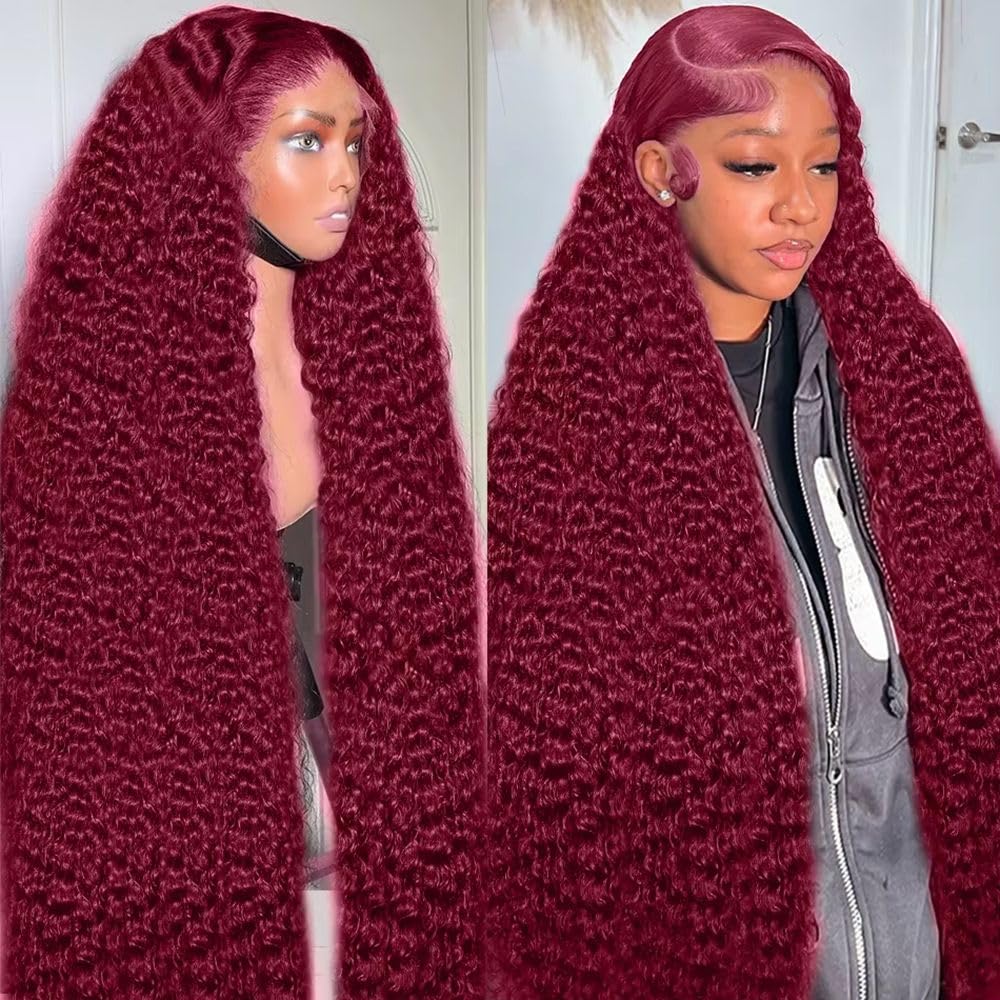 Burgundy 250 Density Human Hair Wig - 30 Inch 13x6 Deep Wave Lace Front | Pre-Plucked HD Transparent Lace Frontal for Women