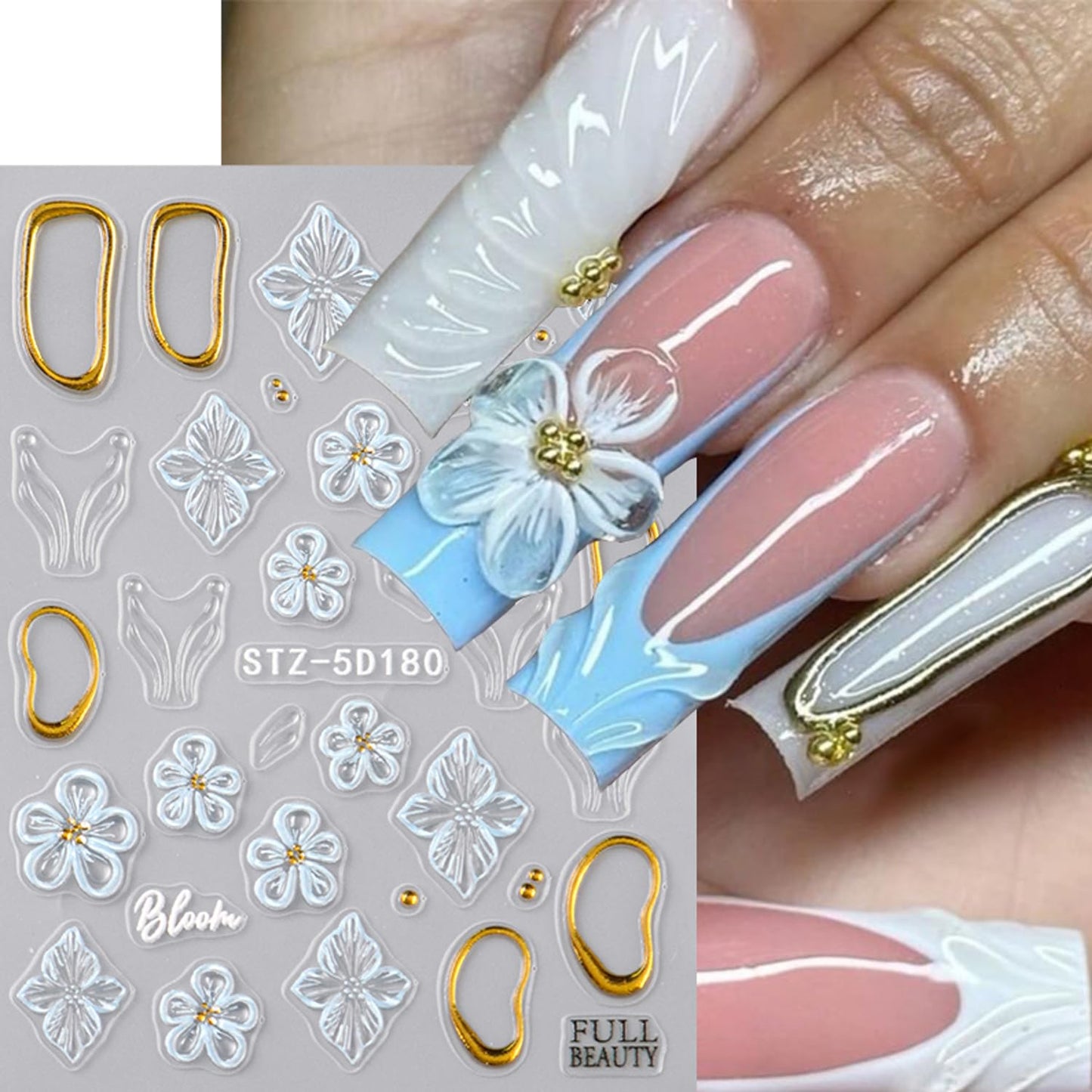3PCS Spring Blue Flowers Nail Stickers, 5D Embossed Nail Stickers Nail Art Supplies 3D Blue Rose Nail Decals Blue Flower Five-Petal with Frangipani Polka Dot Nail Design French Floral Summer for Women