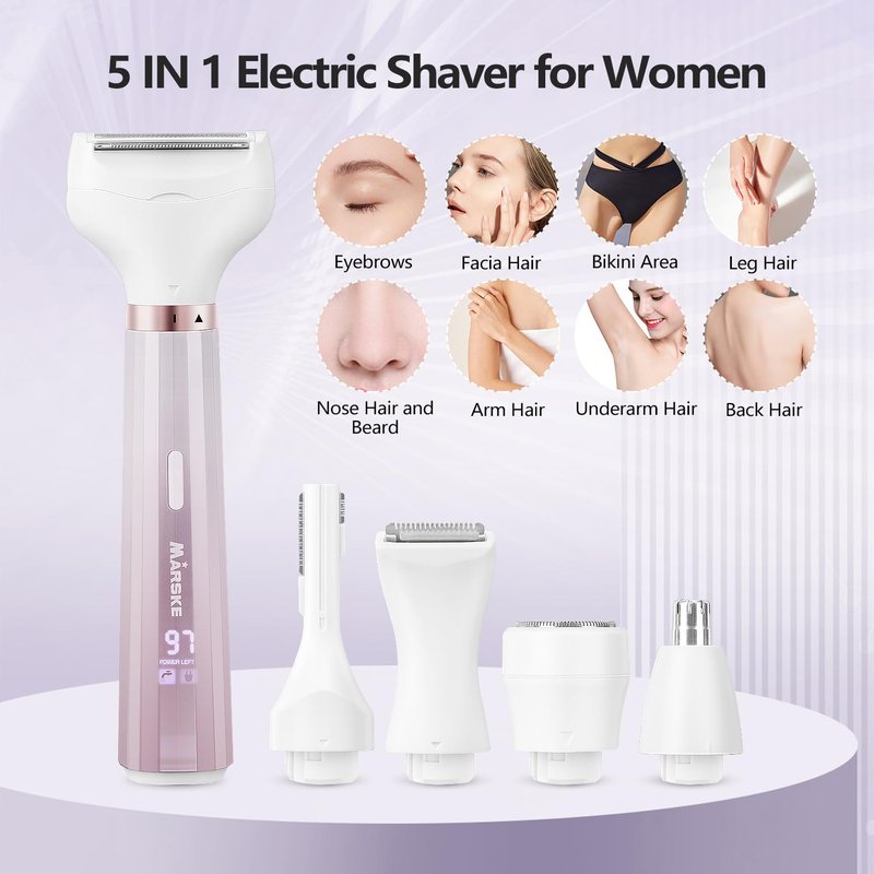 Electric Razor for Women, Bikini Trimmer 5 in 1 Electric Shavers Razors IPX6 Waterproof Wet/Dry Body Shaver for Face Nose Eyebrow Arms Armpit Legs Pubic Area Painless Replaceable Facial Hair Removal