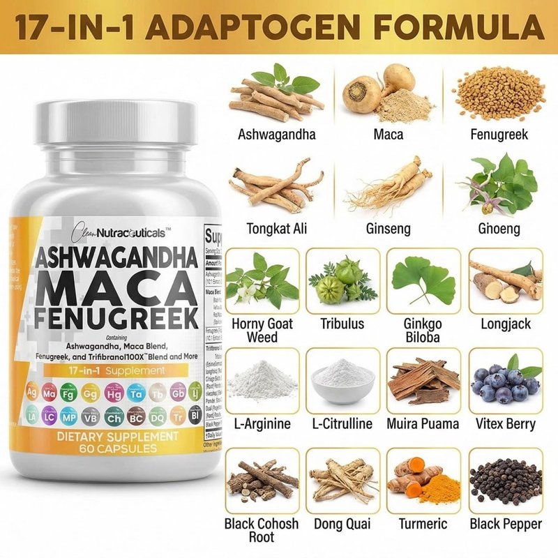 Clean Nutraceuticals Ashwagandha Maca Root Fenugreek Supplement with Tongkat Ali Ginseng - Assists with Stress, Mood & Thyroid - Ashwagandha Capsules Fenugreek Caps - 1 Pack