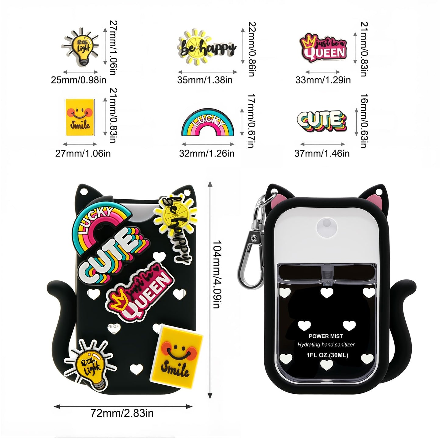 SCmedrichyr Cat Silicone Case for Touchland Hand Sanitizer Spray, Compatible with 1 FL Oz/30ML Power Mist & Glow Mist, Cute Travel Cover with Keychain & Charms (Black)