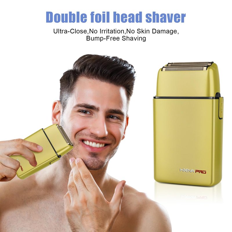 HIENA PRO Foil Shaver for Men Barber, Double Electric Foil Trimmer, Professional Electric Razor, Close Shaver, Cordless Rechargeable with USB, Yellow