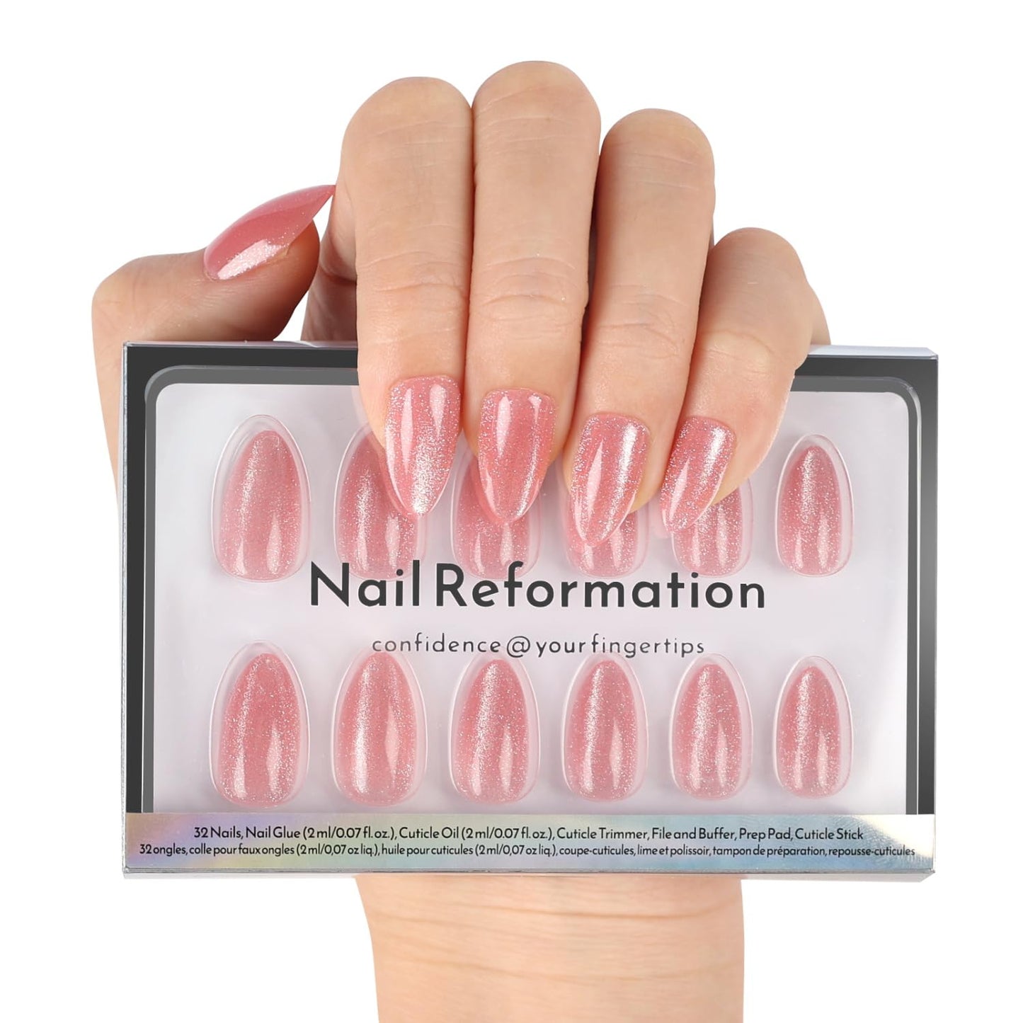 Press On Nails - Soft Pink Short Almond Velvet Cat Eye | Reusable Salon Quality 32 Nail Kit with Glue, 16 Sizes