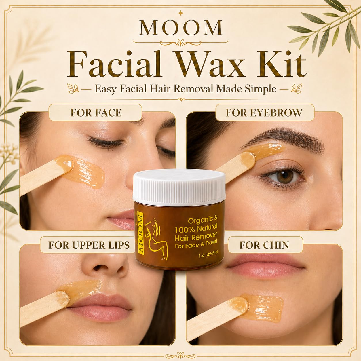 MOOM Facial Sugar Wax Hair Removal Kit Travel Size - Eyebrow Wax for Chin, Lip & Facial Hair Removal - Sugaring Wax with Tea Tree Oil, 1.6 oz wax Jar with 6 Reusable Wax Strips & 2 Applicator Sticks