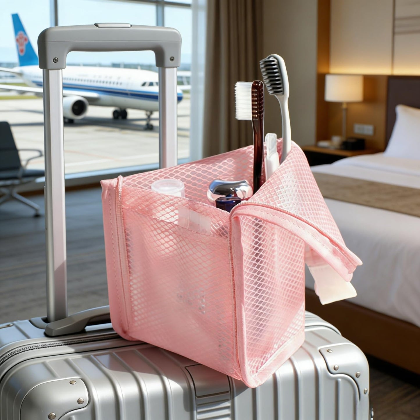 LUOBEIYAOHL Standing Toiletry Bag Stand up Makeup Brush Holder for Travel, Pink, Cosmetic Case