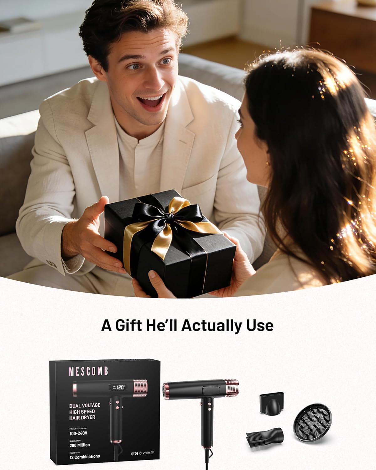 Travel Hair Dryer with Diffuser - 1875W Ionic Fast Drying & Frizz Control | Lightweight, Dual Voltage (110-240V) - Black