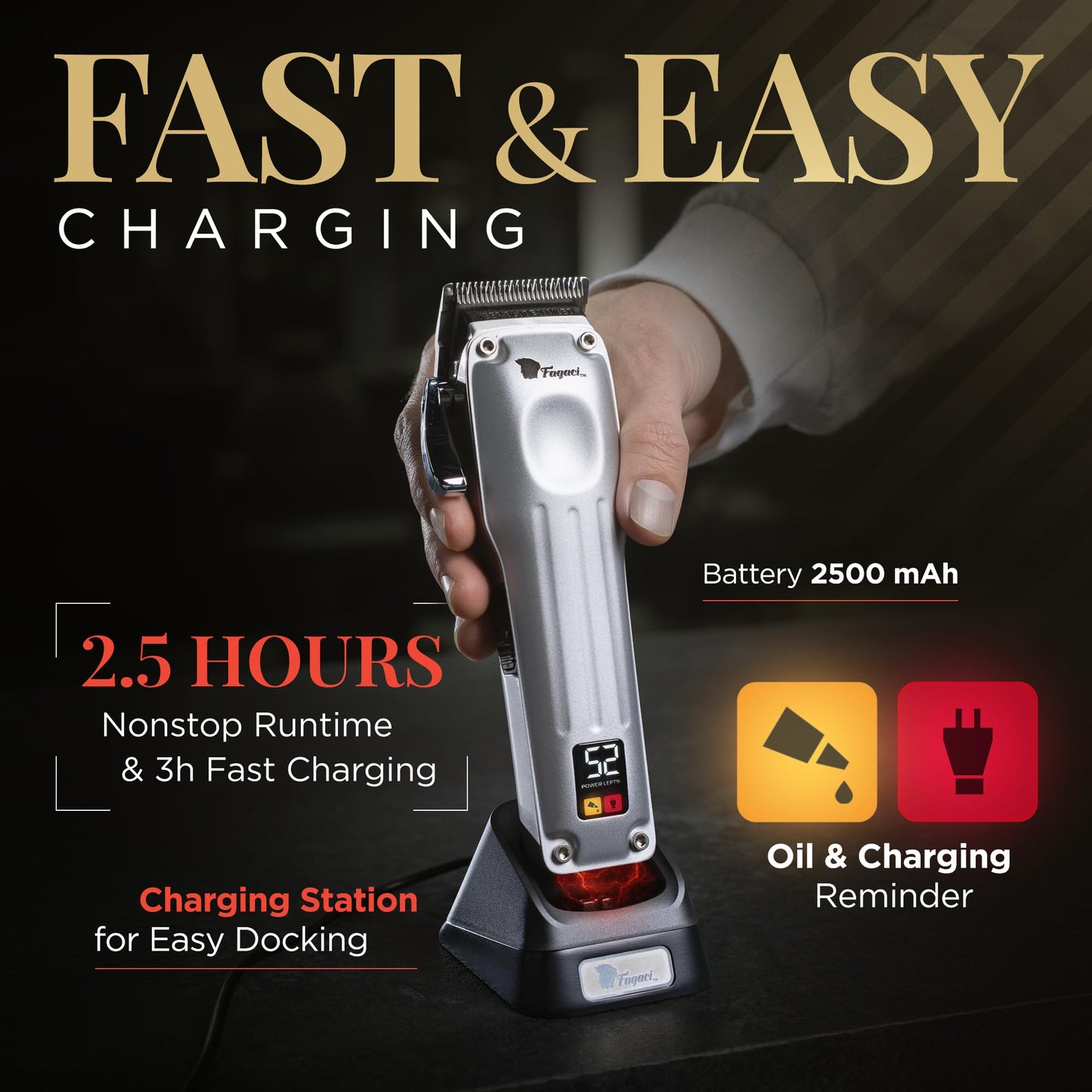 Fagaci Professional Hair Clippers for Men, Cordless Barber Kit, Brushless