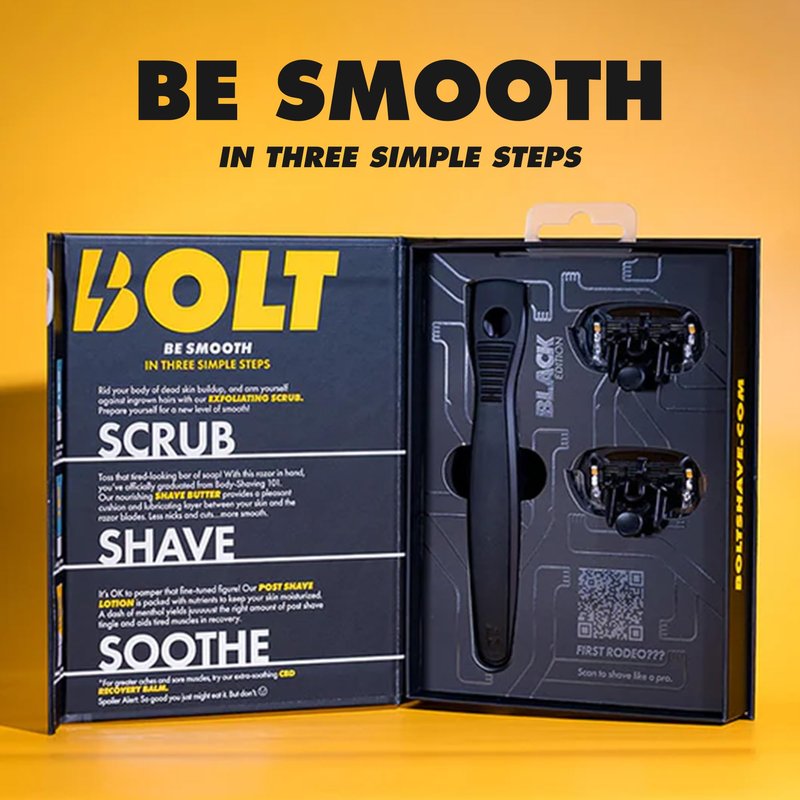 BOLT Skin + Shave - Performance Razor - Black Edition - 5-Blade Swedish Steel - Aloe & VIT E - Zinc Handle - Smooth Shave Kit - 2 Cartridges